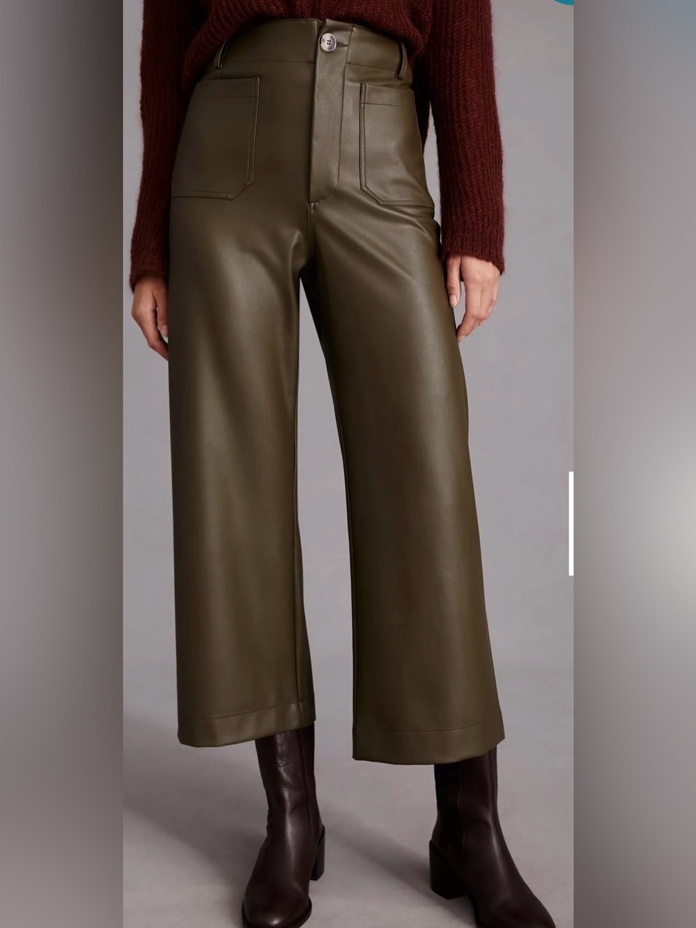 Anthropologie Maeve Colette Faux Leather Crop Wide Leg Pants Olive Dried Fern 28